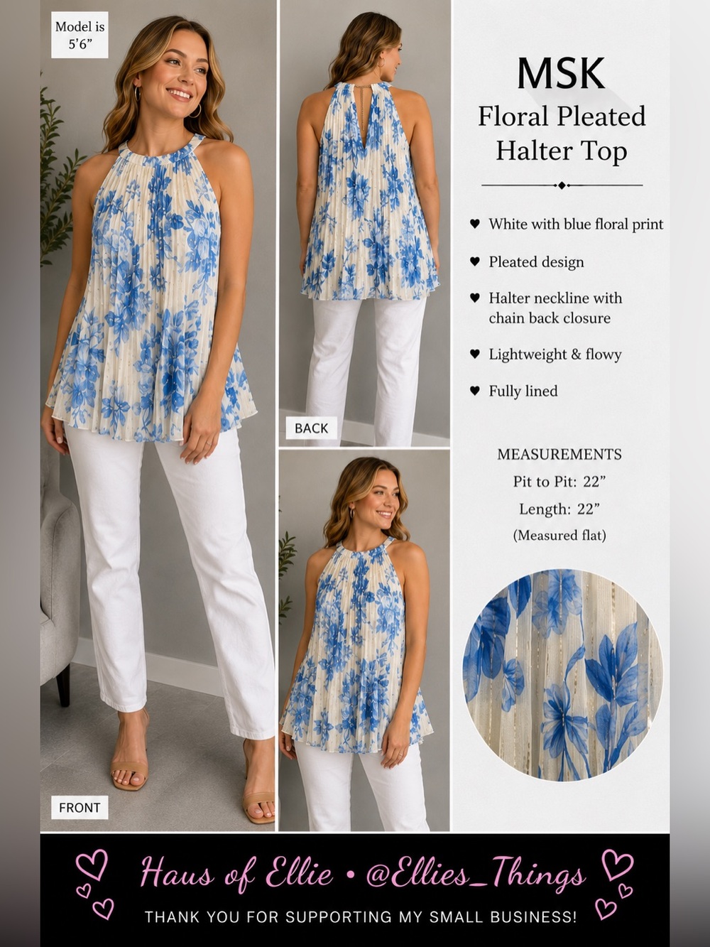 MSK NWT Pleated Floral Halter Top Blue White Medium